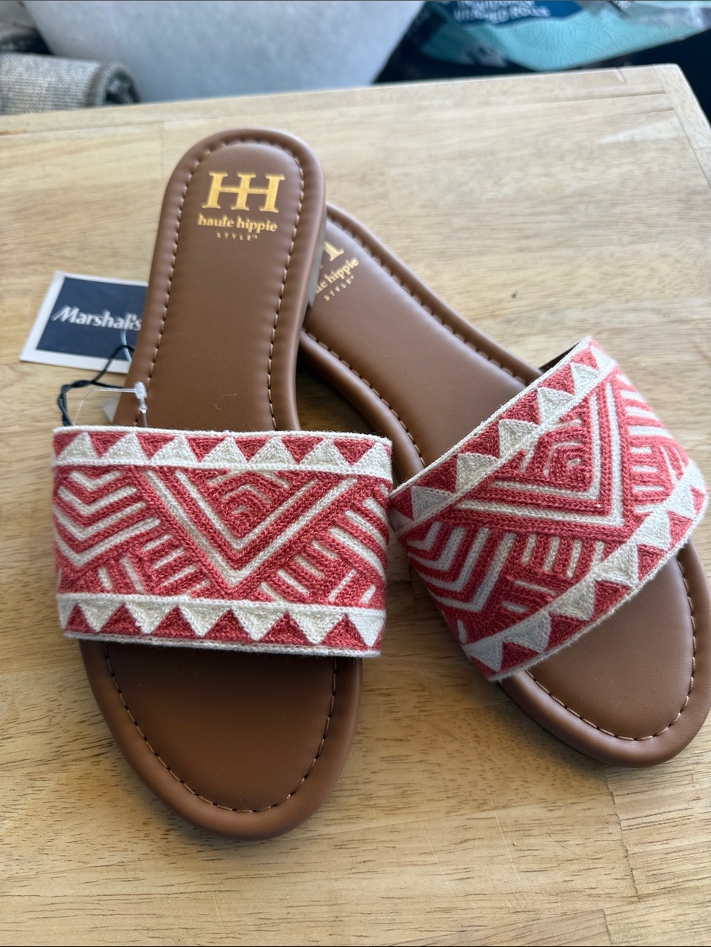 Haute Hippie Coral & Cream Geometric Embroidered Slide Sandals